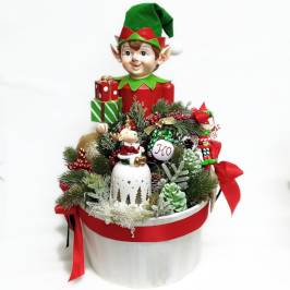 Composizione natalizia in scatola con elfo Martino e altro