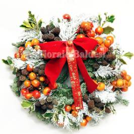 corona natalizia di abete fresco con malù, agrifoglio, pine e altro